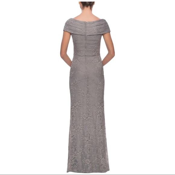 La Femme Platinum Portrait Neckline Lace Embellished Trumpet Gown 6 Style 27972 - Picture 2 of 10